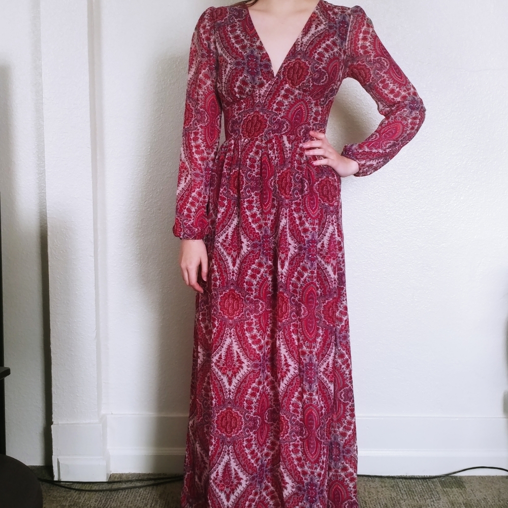 Boho Hippie Paisley Print Maxi Longsleeve Dress